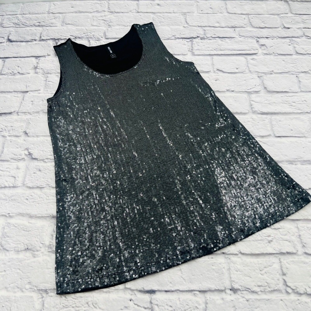 Agnes & Dora Womens Sequin Tank Top Silver Black Sleeveless Scoop Neck M Layer